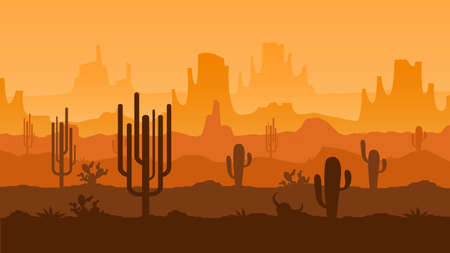 Texas desert sunset. Arizona landscape, valley of cacti with mountains silhouettes background panoramic vector illustrationのイラスト素材