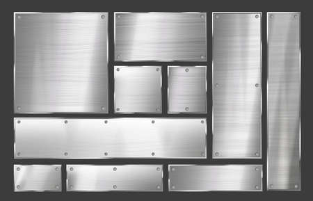 Metal plate. Brushed steel sign frame with metal rivets, polished metallic signboard background vector setのイラスト素材
