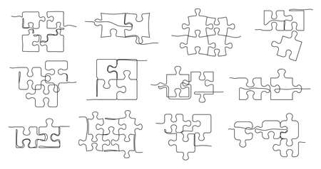 One line puzzle. Solving jigsaw, puzzle pieces connected together and teamwork concept vector illustration setのイラスト素材