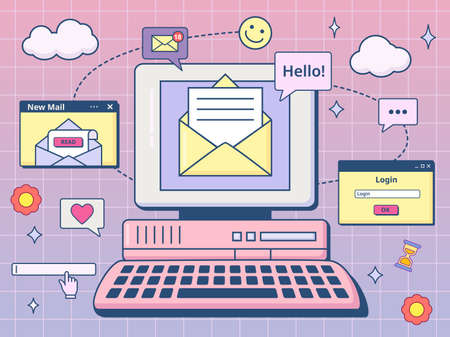 Retro ui mail. Email mailbox with envelope on 90s computer screen, internet nostalgia vector...