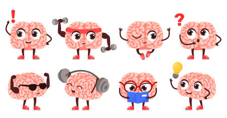 Brain mascot. Smart and strong character do sport exercises, read education book and answers...