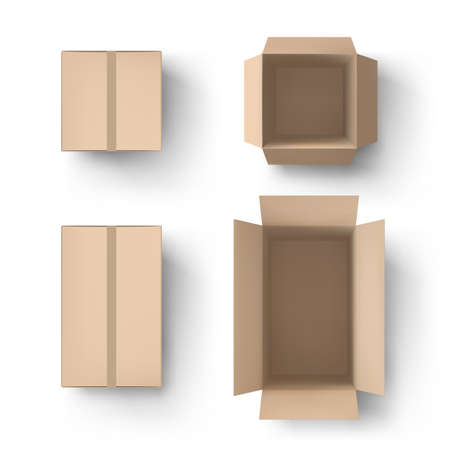 Realistic brown box. Open and close parcel, cardboard packaging and delivery boxes top view 3D mockup vector setのイラスト素材