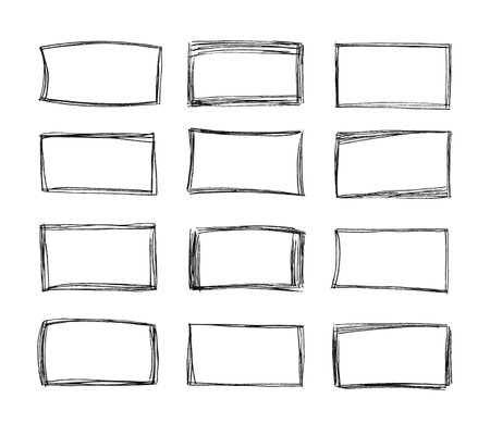 Sketch square frames. Hand drawn rectangular shape doodle border, pencil line scrawl squares and sketched selection frame vector setのイラスト素材