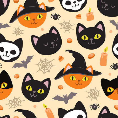 Ghost cat pattern. Spooky halloween kittens faces, horror animals and cute witchcraft cats seamless vector illustrationのイラスト素材