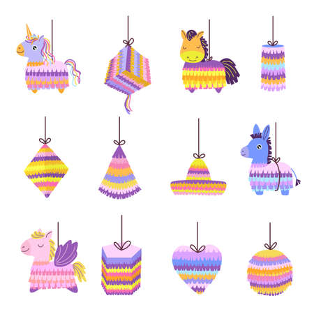 Cartoon pinatas. Mexican donkey toy for party celebration, pony horse animal birthday pinata and...