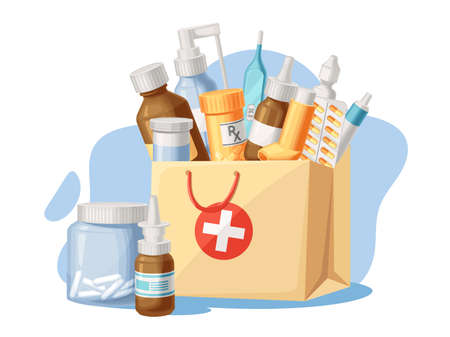 Medical supplies. Pharmacy purchases in paper bag, goods for treatment and health care objects from drugstore cartoon vector illustrationのイラスト素材