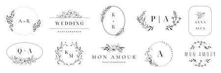Elegant monogram, hand drawn marriage invitations with wreath borders vector set