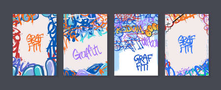 Street art poster. Urban graffiti banners, freestyle tags with spray paint splashes and abstract vector backgrounds setのイラスト素材