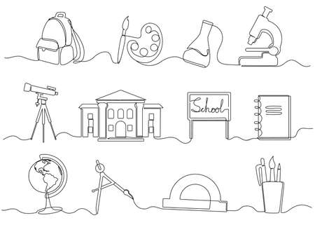 One continuous line school supplies. Minimalist hand drawn backpack, school building and globe. Education vector Illustration setのイラスト素材