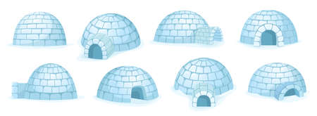 Cartoon igloo. Snow hut, winter house builded of snow and arctic shelter building from different angles vector setのイラスト素材