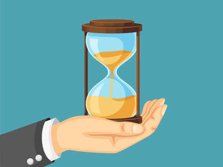 Businessman hand holding hourglass. Time management, deadline clock and sandglass timer cartoon...