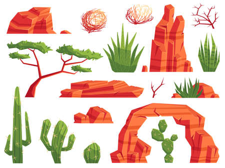 Cartoon sand desert elements. Western cactuses, tumbleweeds and aloe plants. Mountain rocks and stones for valley landscape vector setのイラスト素材