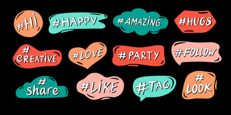 Hashtag lettering tags. Like sticker, share label and follow tag. Happy, love and party hashtags in color frames for social media posts vector setのイラスト素材