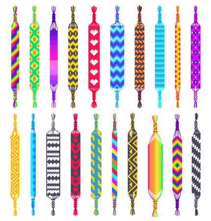 Friendship bracelets. Hippie braided wristband, wrist bracelet with pattern and hand made jewellery vector setのイラスト素材