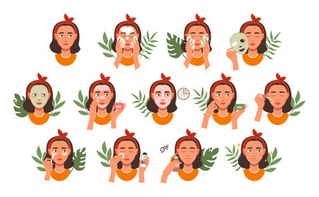 Face skin care. Beauty masks and patches skincare instruction. Washing, scrubbing and moisturizing face cream vector icon setのイラスト素材