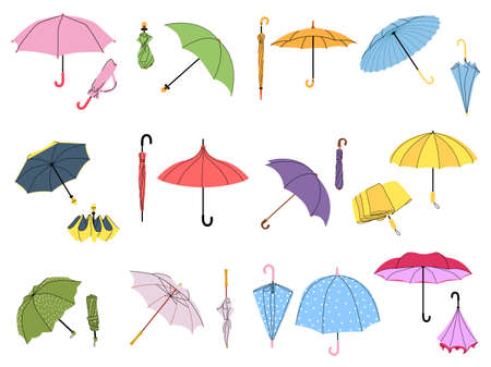 Various umbrellas. Folded parasol, open umbrella for rainy weather. Different shape accessories vector setのイラスト素材