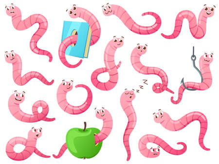 Cartoon worm in different poses. Crawling earthworm, attractive worm on hook and bookworm vector setのイラスト素材