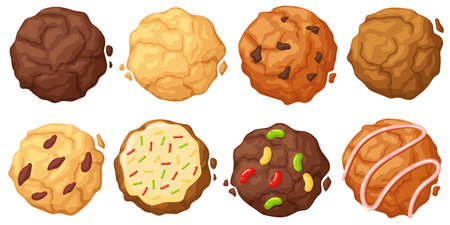Sugar cookie. Chewy sprinkles, chocolate chip, soft frosted and fudge oatmeal cookies top view vector Illustration setのイラスト素材