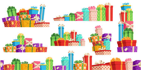 Gift box pile. Many gifts, lot of wrapped surprise boxes with ribbon bows and colorful birthday presents seamless divider vector setのイラスト素材
