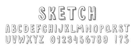 Hand drawn sketch font. Alphabet for doodle lettering, stylised numbers and letters. Perspective extrude with sketch lines vector setのイラスト素材