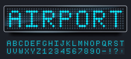 Led screen font. Digital sign board letters and numbers, scoreboard display alphabet and terminal dotted text vector setのイラスト素材