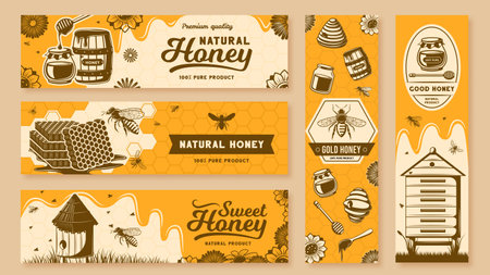 Hone banners. Healthy natural sweets, bee farm products and header with honeycomb cells vector illustration setのイラスト素材