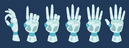 Counting robot hand. Count with cyber hands gestures, robotic arm fingers from zero to five cartoon vector illustration setのイラスト素材