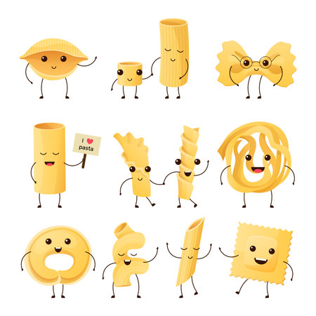 Cartoon Italian pasta characters. Funny noodle products, ravioli mascot and happy cavatappi. Fettuccine, cannelloni and rigatoni cartoon vector illustration setのイラスト素材