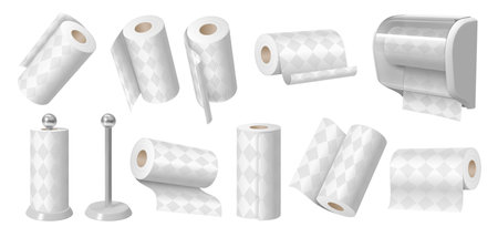 Paper towels. Kitchen towel roll, white wipes cylinder on stand and soft tissue absorbent 3D isolated vector illustration setのイラスト素材