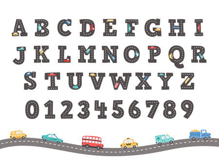 Road alphabet. Funny letters and numbers with hand-drawn trucks and cars, kids font vector Illustration setのイラスト素材