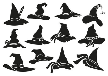 Witch hat stencil icons. Halloween sorceress cap, wizard hat silhouette and spooky scary masquerade hats vector setのイラスト素材