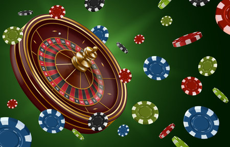 Roulette wheel banner. Gambling game with spin wheel and flying casino chips. Lucky chance game 3D vector Illustrationのイラスト素材