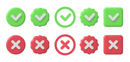 Checkmark 3d icons. Checklist green tick and red cross. Accepted and decline, true or false and verified sign vector setのイラスト素材
