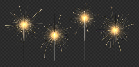 New year sparkler candle. Bengal fire for winter holidays party, gold sparks and glow light effect vector setのイラスト素材