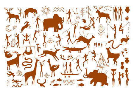 Rock painting. Caveman life scenes, prehistoric hunter cave drawings and wild ancient animals silhouettes. Stone age art vector setのイラスト素材