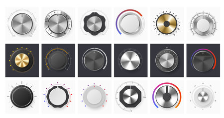 Volume control knob. Amplifier round dial level regulator, metal potentiometer knobs and audio ui...