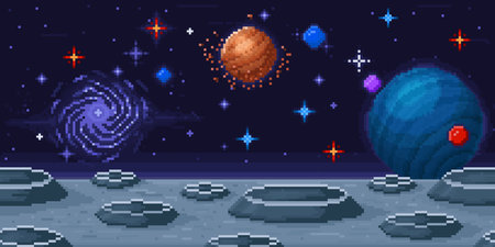 Pixel art planet surface. Space arcade 8-bit videogame location, moon landscape and galaxy sky vector background Illustrationのイラスト素材