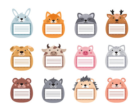 Animal notebooks labels. Cute pastel scrapbook tag sticker, notebook owner name frame with pet face and tag border vector setのイラスト素材