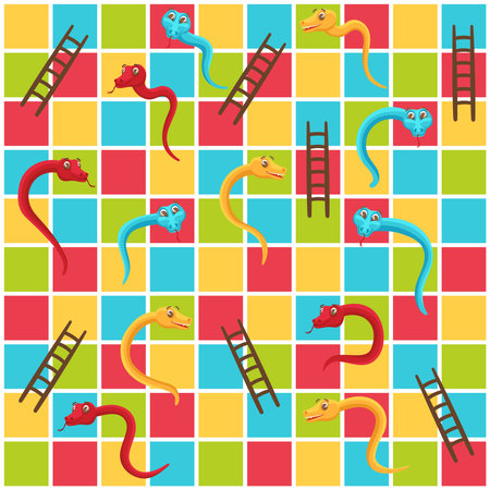 Snake and ladders grid. Color tiles game board with cute snakes and ladder to rise abstract vector illustrationのイラスト素材