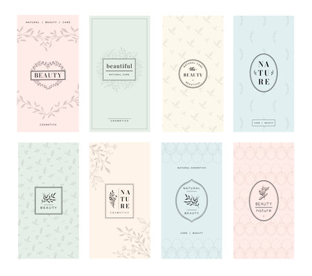 Beauty product packaging template. Floral frame and natural botanical ornament patterns for cosmetic package design vector setのイラスト素材