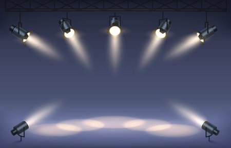 Scene with stage projectors. Studio podium with spotlights, shining scene illumination and light beam vector backgroundのイラスト素材