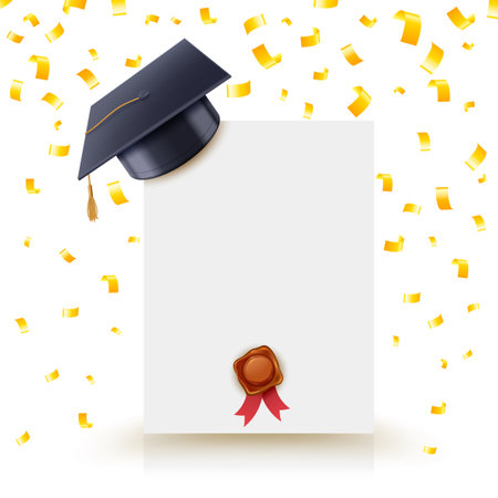 Graduation frame. Diploma template of high school, college or university graduation with golden confetti and hat vector illustrationのイラスト素材