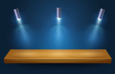 Wall shelf with spotlight light. Empty wooden rack, display product background with decorative lighting lamps vector Illustrationのイラスト素材