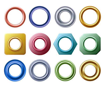 Grommet rings. Metal and golden eyelets for label holes, round hole metallic grommets and curtain eyelet vector setのイラスト素材