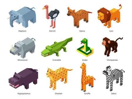 Isometric african animals. Low poly zoo, polygonal alligator, lion and giraffe. Monkey, snake, elephant toy and zebra 3D game vector setのイラスト素材
