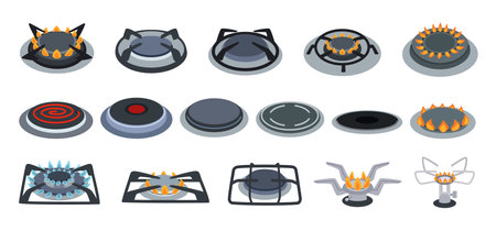 Stove burners. Electric and gas cooker, hob burner with fire flame heat and induction plate cartoon vector setのイラスト素材