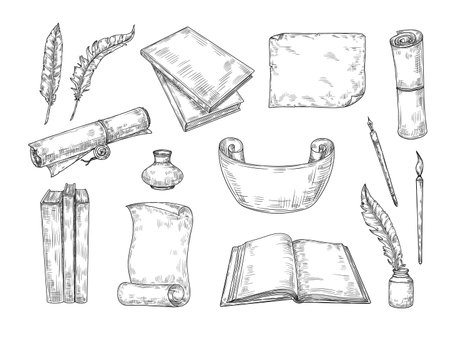 Sketch literature writing. Vintage writers quill ink pen, poem book and manuscript papers scroll. Hand drawn literature vector setのイラスト素材