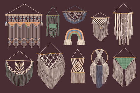 Bohemian wall hangings. Handcrafted macrame cozy home decor, knitted cotton yarn braid cord and ornamental hygge accessories hand drawn vector setのイラスト素材