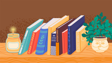Bookshelf. Pile of books in bookcase, bookshop bookstore school archive library row shelf with textbook encyclopedia stack cartoon style. Vector colorful setのイラスト素材