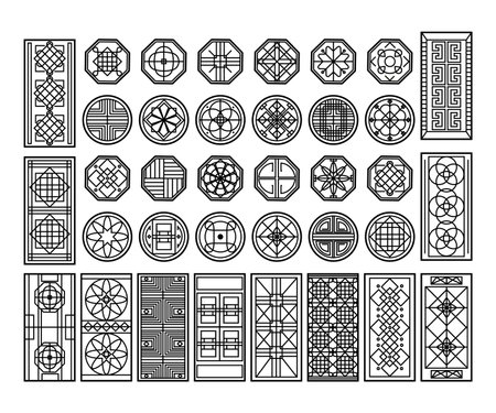 Traditional korean window pattern. Circle ornament, rectangular geometric cutter decor and asian graphic design element vector setのイラスト素材